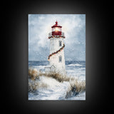 Snowy lighthouse wrapped with festive garland, Framed Canvas Print, beach Christmas decor, holiday wall art perfect for coastal homes