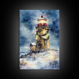 Snowy lighthouse under moonlit sky with wreath, Framed Canvas Print, beach Christmas decor for winter wonderland, holiday wall art