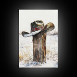 Rustic cowboy hat on snow-covered post, Framed Canvas Print, winter western decor, farmhouse Christmas art, above sofa art rustic homes