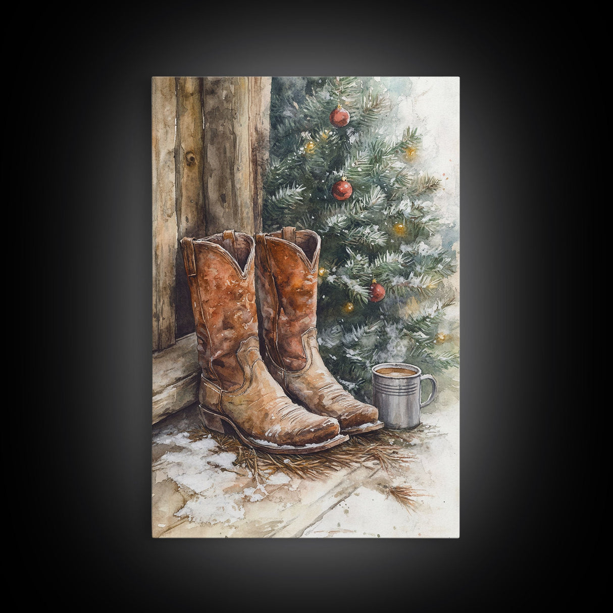 Rustic cowboy boots by Christmas tree, Framed Canvas Print, farmhouse Christmas decor, cozy holiday wall art, western style home decor