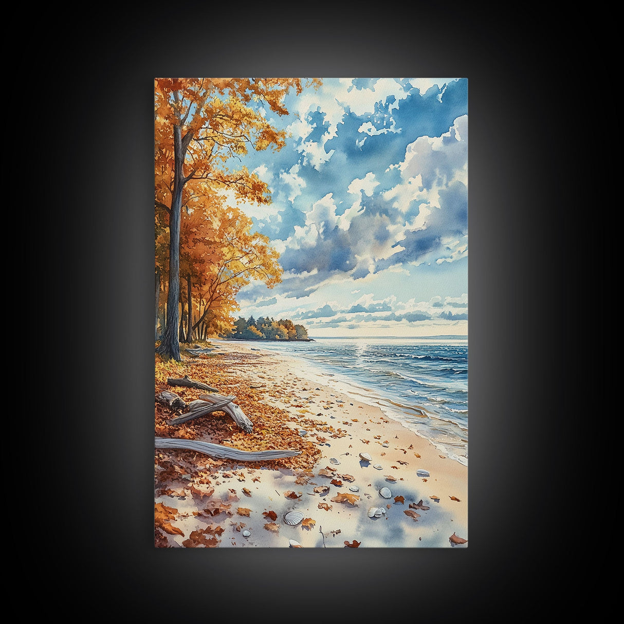 Autumn beach landscape with vibrant fall leaves and coastal breeze Framed Canvas Print perfect fall wall art for seasonal farmhouse decor