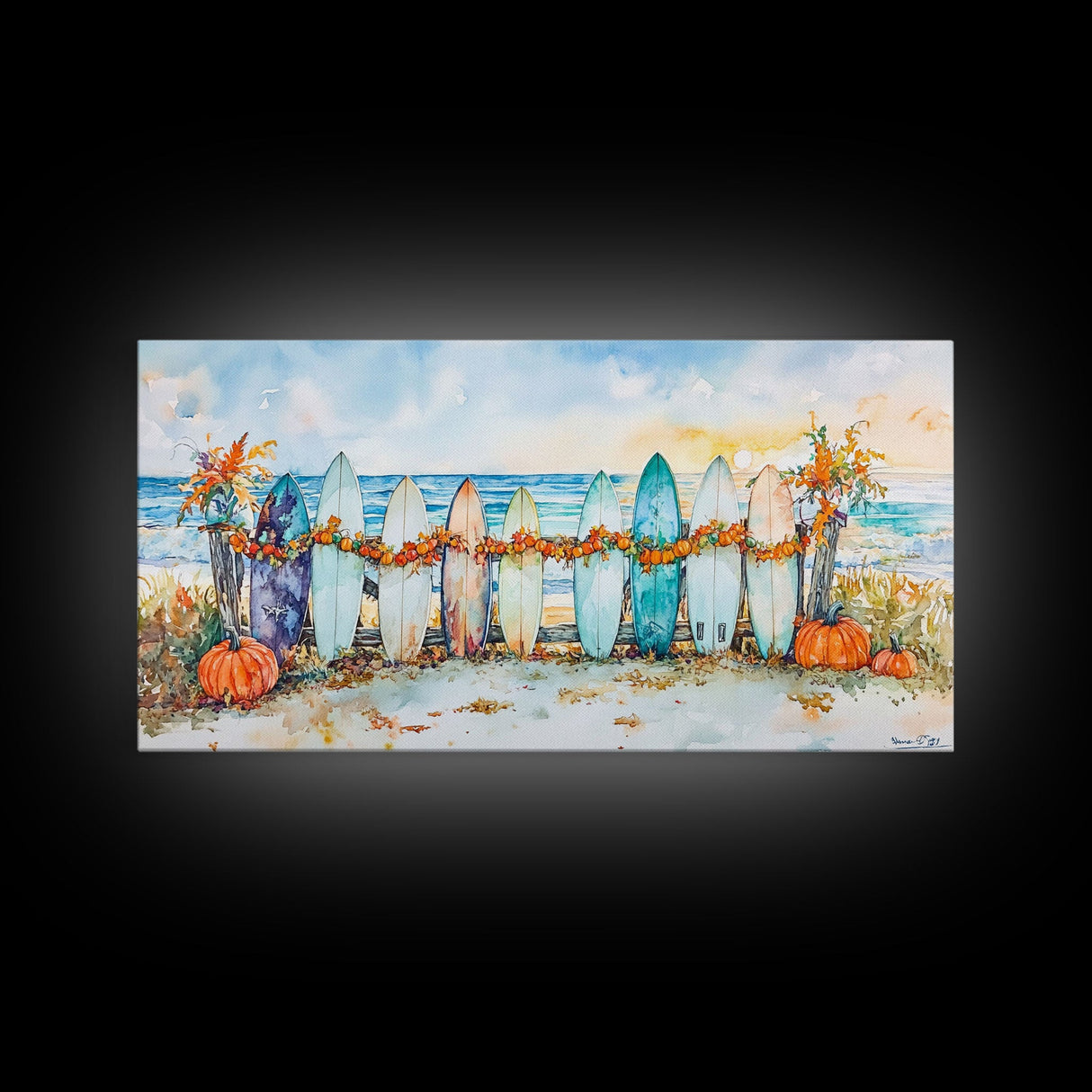 Framed Canvas Print Beach Scene with Surfboards and Pumpkins, Fall Beach Decor, Autumn Coastal Wall Art, Perfect Fall Beach Theme