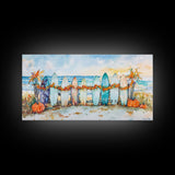 Framed Canvas Print Beach Scene with Surfboards and Pumpkins, Fall Beach Decor, Autumn Coastal Wall Art, Perfect Fall Beach Theme