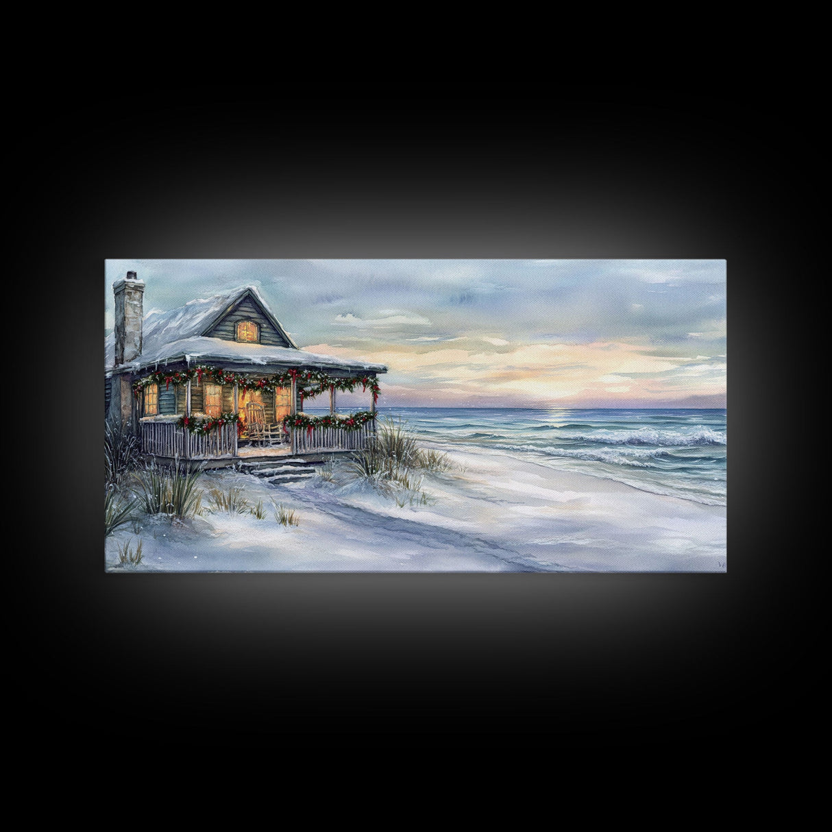 Beach Christmas decor Framed Canvas Print winter wonderland cabin Christmas vacation decor coastal Christmas wall art holiday gift idea