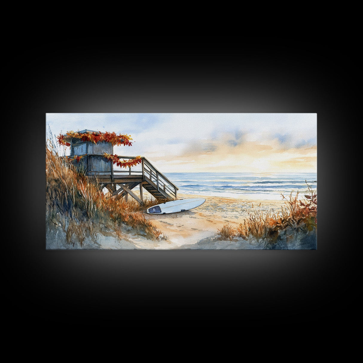 Christmas vacation decor Framed Canvas Print coastal beach cabin snowy winter landscape holiday decor gallery wall Christmas wall print