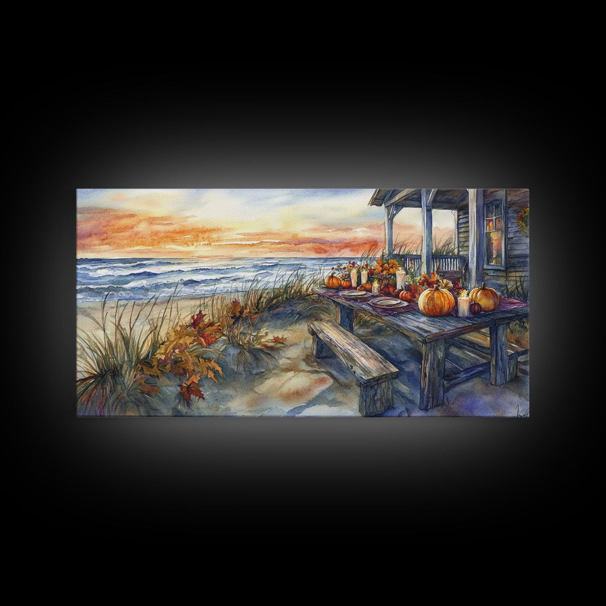 Beach Thanksgiving Table Pumpkins Canvas Print Fall Beach Decor Autumn Coastal Wall Art Framed Canvas Print Seasonal Wall Art