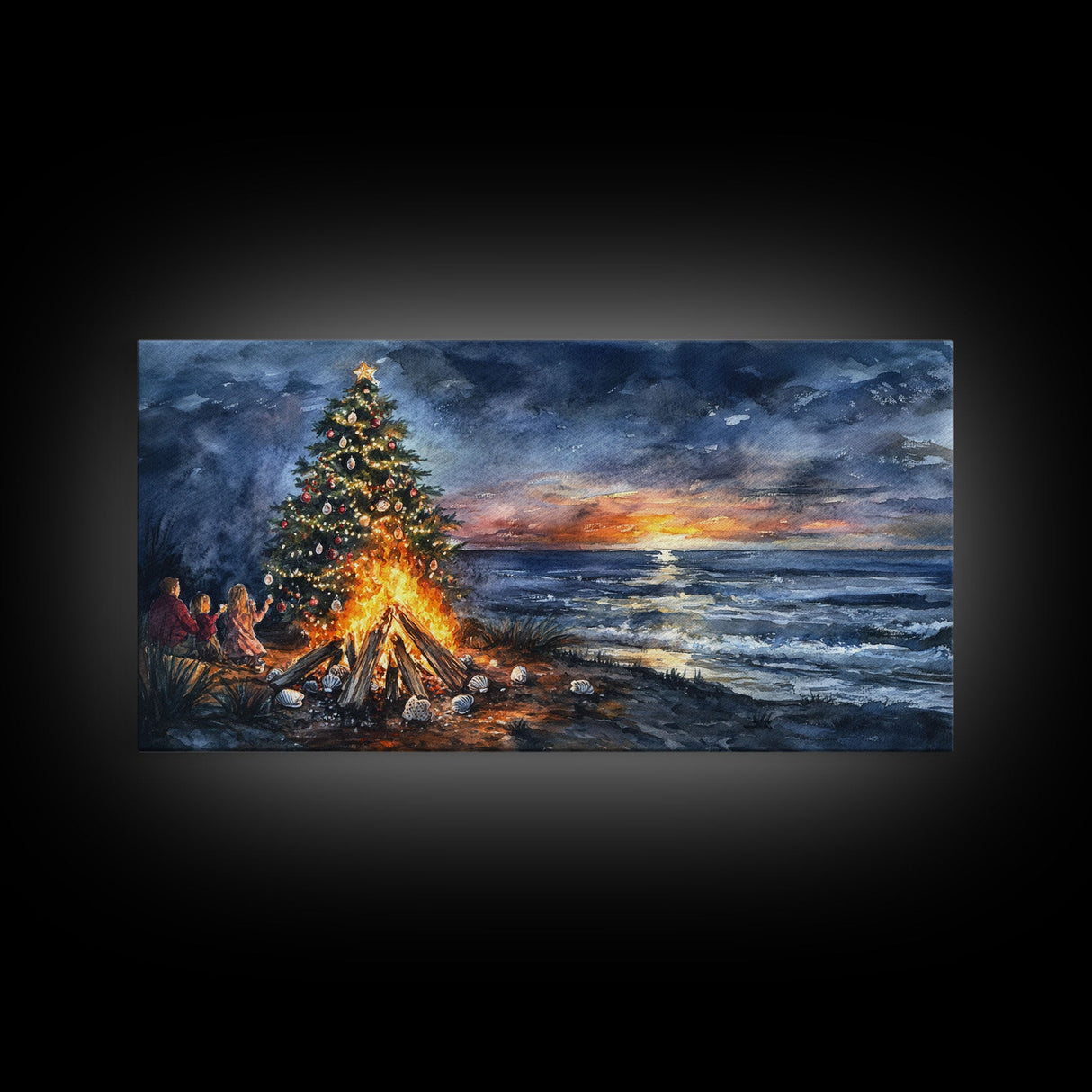 Beach Christmas decor with bonfire, sunset coastal holiday wall art, Christmas tree print, festive coastal art gift, framed canvas print