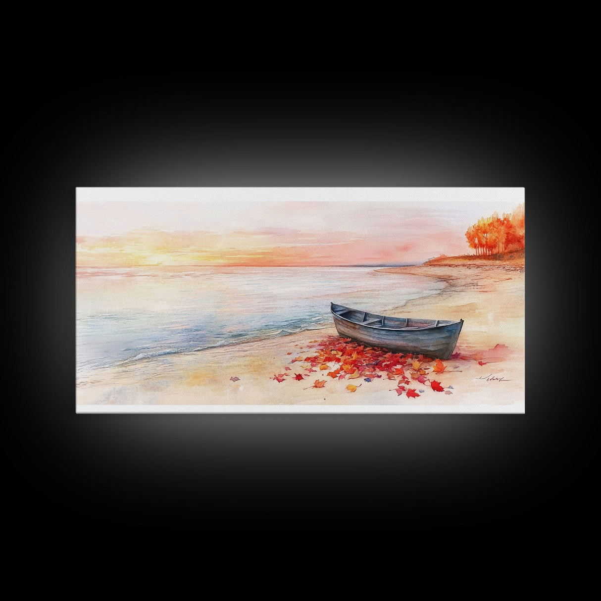 Autumn beach landscape art, fall sunset wall art, coastal boat decor, beach fall home decor, seasonal wall art gift, framed canvas print