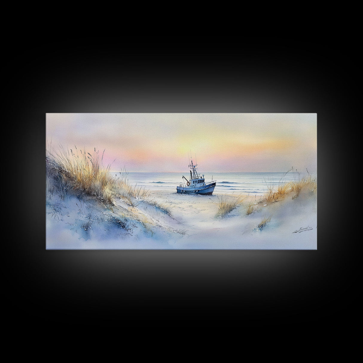 Seaside winter ship art, beach winter landscape, coastal holiday art, framed canvas print, nautical decor, Christmas wall art