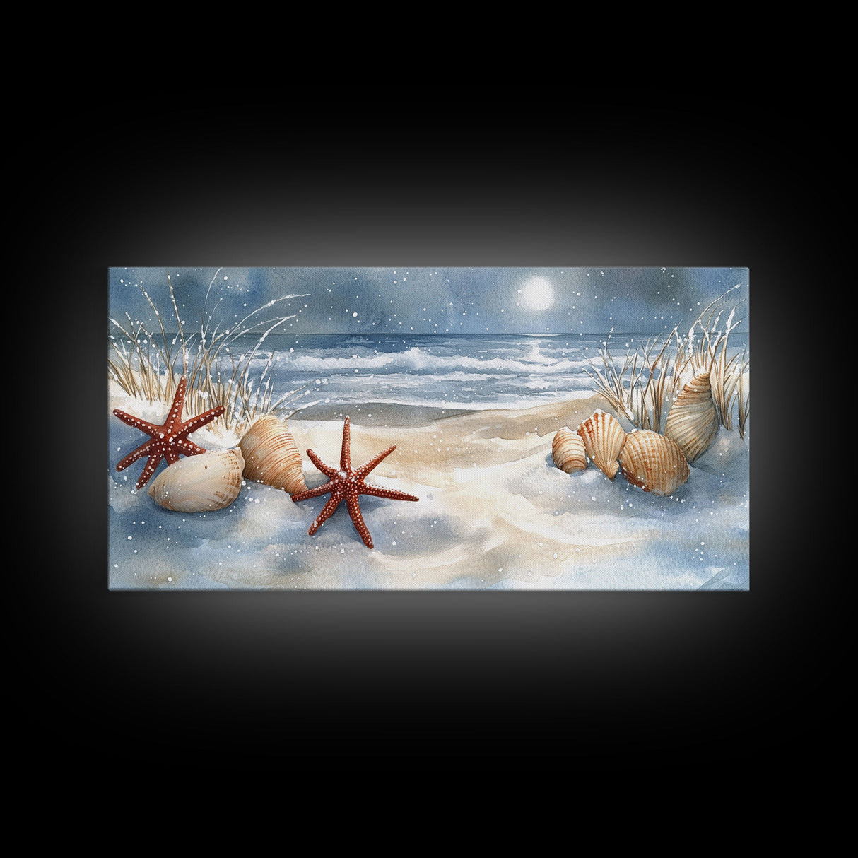 Snow-Covered Beach with Shells and Starfish, Framed Canvas Print, Coastal Holiday Decor, Nautical Christmas Art, Beach Christmas Art Gift