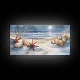 Snow-Covered Beach with Shells and Starfish, Framed Canvas Print, Coastal Holiday Decor, Nautical Christmas Art, Beach Christmas Art Gift