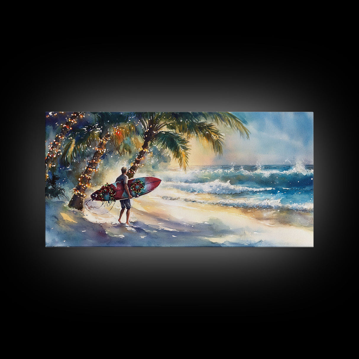 Surfer Christmas Tropical Canvas Print | Beach Christmas Art | 2024 Holiday Wall Art | Tropical Christmas Home Decor Gift Idea Coastal Decor