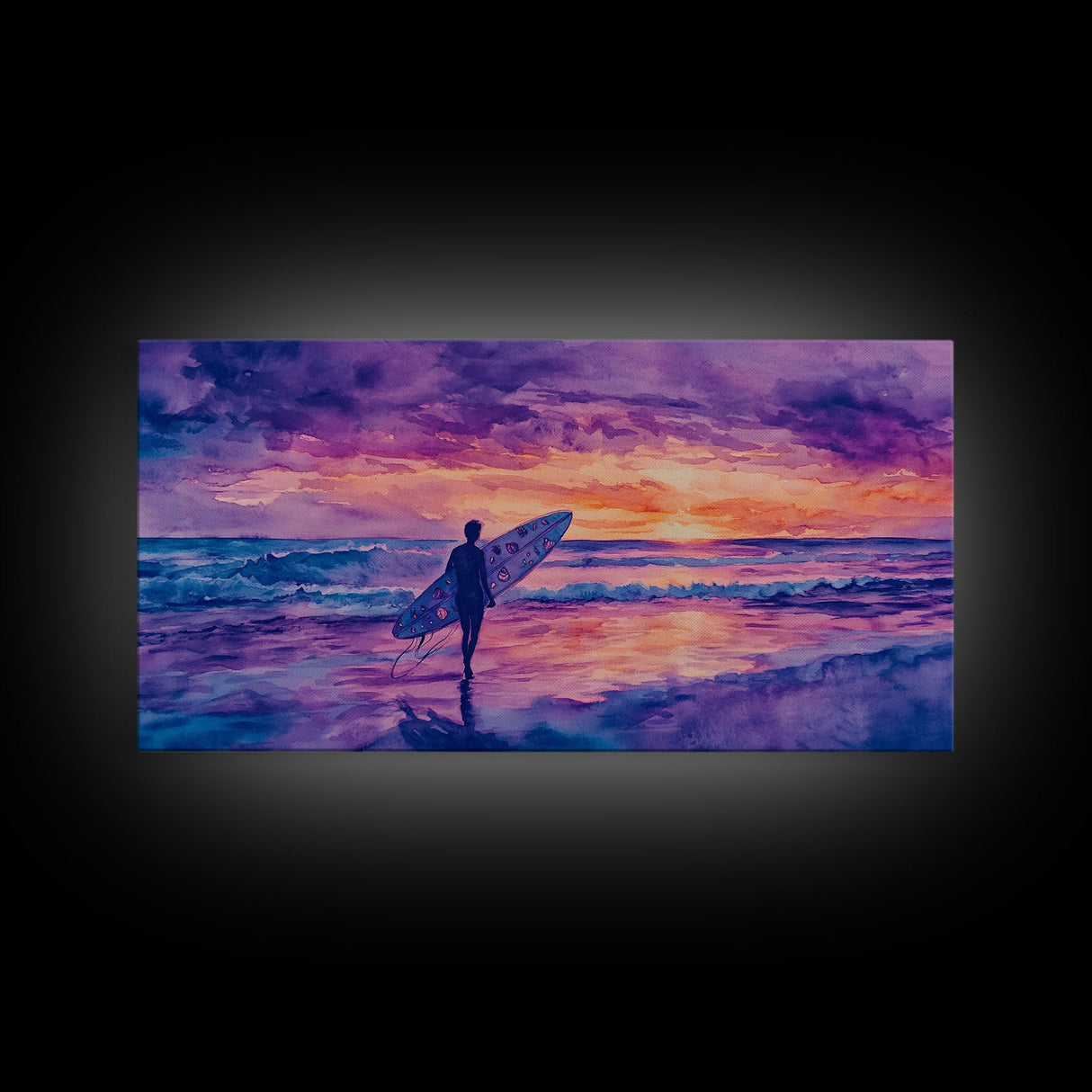 Surfing Beach Sunset Canvas Print | Purple Hues Coastal Decor | Framed Wall Art Christmas Beach Scene | 2024 Holiday Decor Christmas Gift