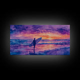 Surfing Beach Sunset Canvas Print | Purple Hues Coastal Decor | Framed Wall Art Christmas Beach Scene | 2024 Holiday Decor Christmas Gift