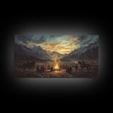 Sunset Cowboys Around Campfire Framed Canvas Print Western Scenic Art Perfect Winter Wall Decor and Rustic Mountain Cabin Art