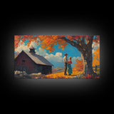 Our First House, Framed Canvas Print, Cowboy & Cowgirl In Love, Fall Landscape Western Art Wall Decor Seasonal Wall Art