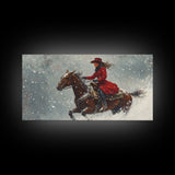 Rider In The Snow, Framed Canvas Print, Winter Wall Art, Rustic Western Decor, Primitive Home Decor, Rustic Farmhouse Art