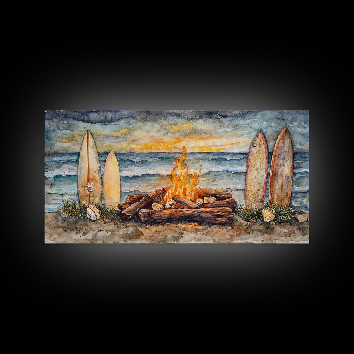 Surfboards And Bonfire On The Beach At Sunset, Tropical Coastal Wall Art, Beach Christmas Decor, Framed Canvas Print