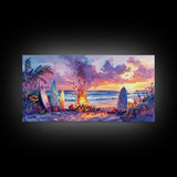 Surfboards And Bonfire At Sunset With Pumpkins, Tropical Beach Christmas Wall Art, Coastal Holiday Framed Canvas Print