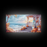 Fall Beachfront Porch With Pumpkins Autumn Decor Framed Canvas Print, Coastal Autumn Home Decor Wall Art Beach Vibes