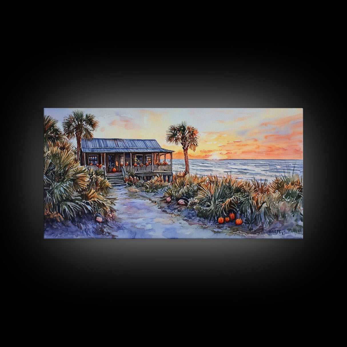 Tropical Beach House Autumn Sunset Scene With Pumpkins Framed Canvas Print, Coastal Fall Wall Art Perfect Gift Idea