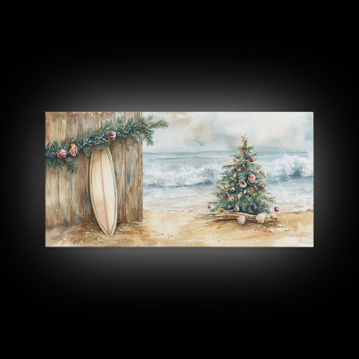 Christmas Tree On Sandy Beach With Surfboard Coastal Decor Framed Canvas Print, Beach Christmas Decor Wall Art