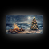 Cozy Bonfire On Beach With Christmas Tree Framed Canvas Print, Nighttime Winter Beach Holiday Wall Art And Coastal Decor