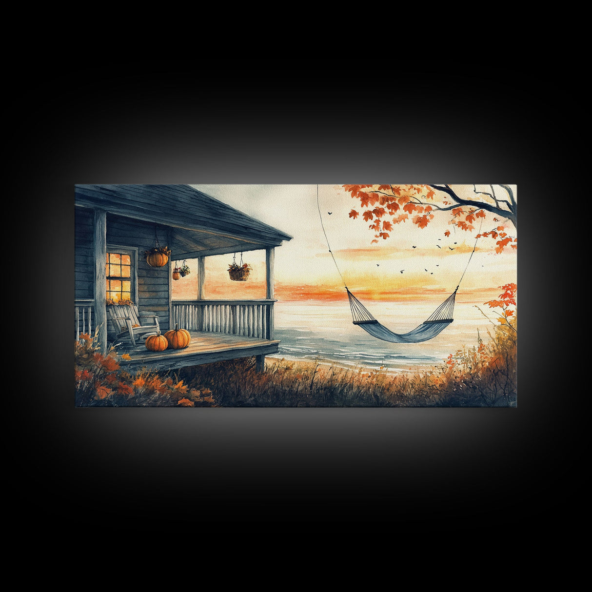 Cozy Autumn Porch with Pumpkins Framed Canvas Print, Warm Sunset Beach Scene Perfect Fall Seasonal Wall Art and Home Decor