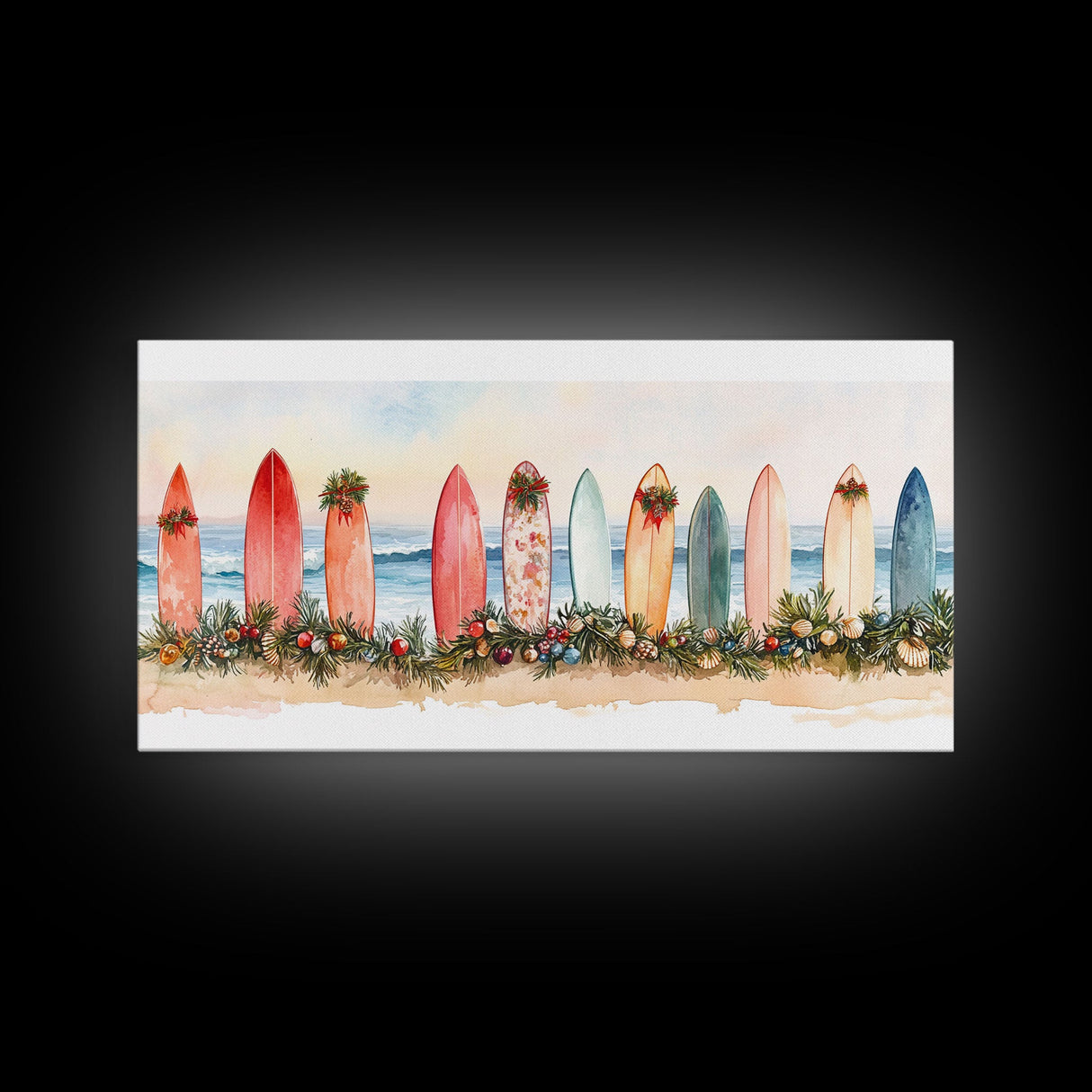 Surfboard Christmas Decor Framed Canvas Print, Coastal Holiday Scene with Festive Garland and Beachy Vibes Tropical Christmas Art