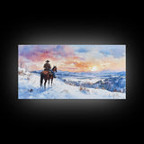 Lone Cowboy In Golden Prairie Framed Canvas Print Tall Art Rustic Autumn Landscape Western Country Decor Fall Home Wall Art Gift For Him