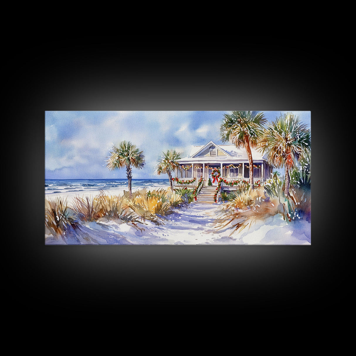 Snowy tropical Christmas decor scene, Framed Canvas Print beach house wreath and holiday lights, winter coastal home decor Christmas art