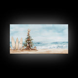 Beach Christmas scene with surfboards and decorated tree, tropical holiday art framed canvas print, perfect coastal seasonal decor