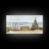 Surfboards and decorated tree on the beach, framed canvas print perfect coastal Christmas vacation decor holiday wall art