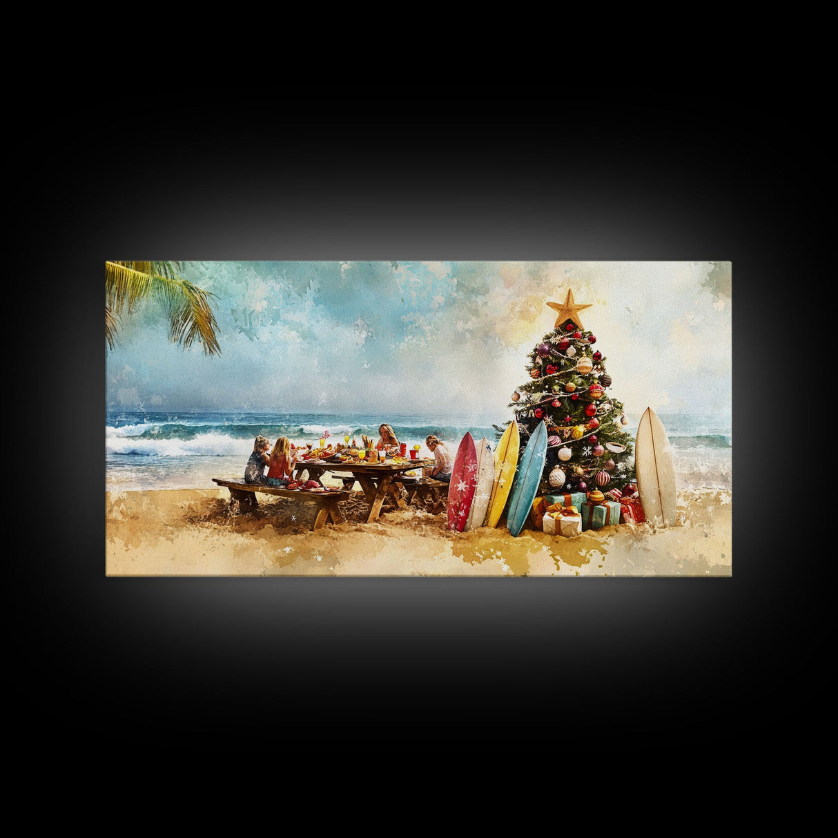 Christmas family picnic by the beach with surfboards and tree, framed canvas print tropical coastal holiday beach Christmas decor