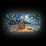 Hawaiian Christmas beach scene with bonfire and tree, framed canvas print perfect tropical holiday coastal decor wall art