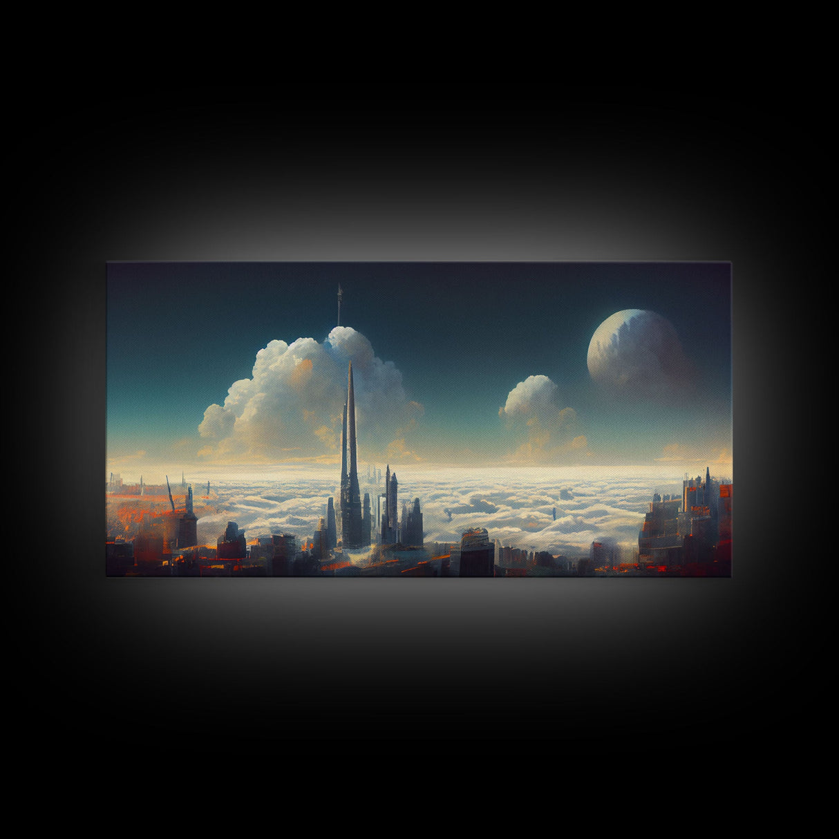 View From Above The Clouds, Cyberpunk City, Futuristic Abstract, ready to hang canvas print wall art, framed canvas wall art