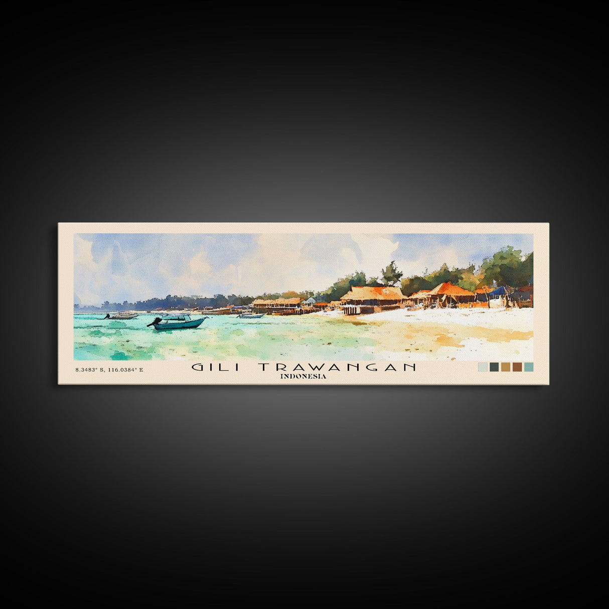 Gili Trawangan, Indonesia Watercolor Beach Print, Vacation Gift, Indonesia Wall Art, Framed Canvas Print, Framed Beach Painting