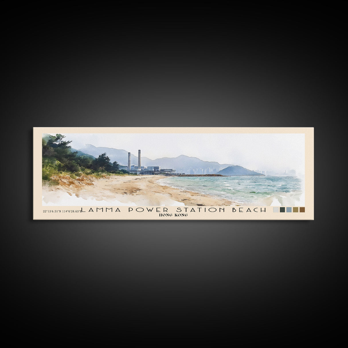 Lamma Power Station Beach, Hong Kong Watercolor Beach Print, Vacation Gift, Hong Kong Wall Art, Framed Canvas Print, Framed Beach Painting