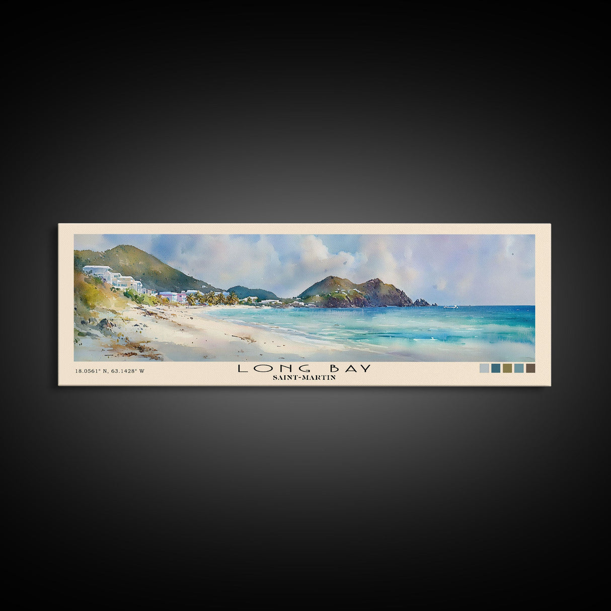 Long Bay, Saint-Martin Watercolor Print, Vacation Gift, Saint-Martin Wall Art, Beach Painting, Beach Decor, Large Wall Art, Wood Frame Art