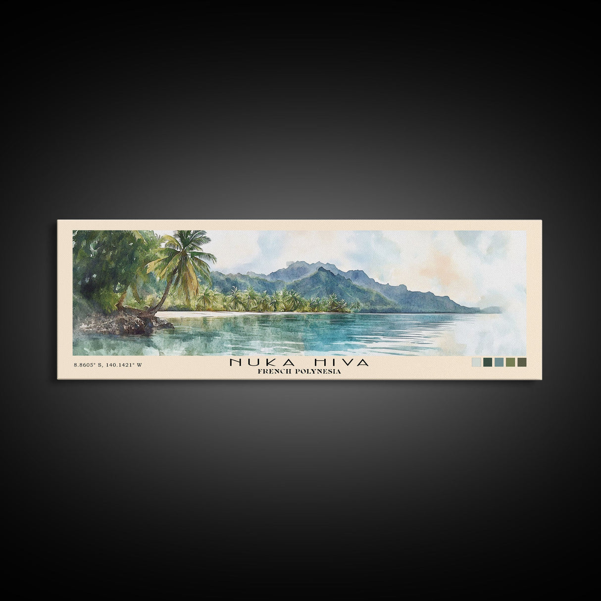 Nuka Hiva, French Polynesia Watercolor Beach Print, Vacation Gift, French Polynesia Wall Art, Framed Canvas Print, Framed Beach Painting