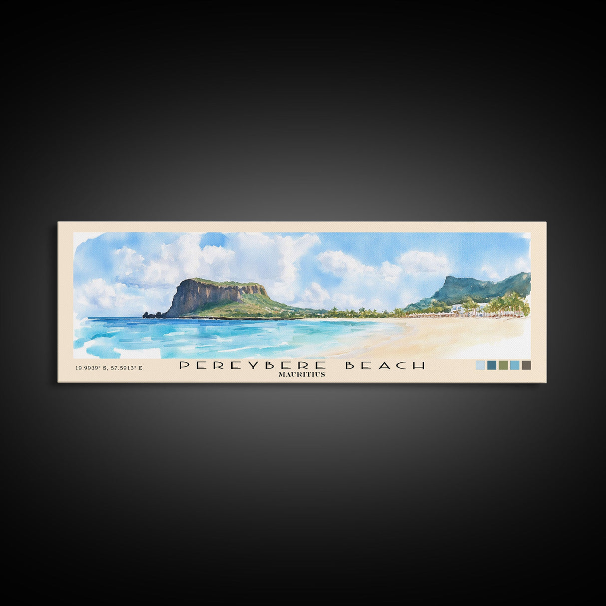 Pereybere Beach, Mauritius Watercolor Beach Print, Vacation Gift, Mauritius Wall Art, Framed Canvas Print, Framed Beach Painting