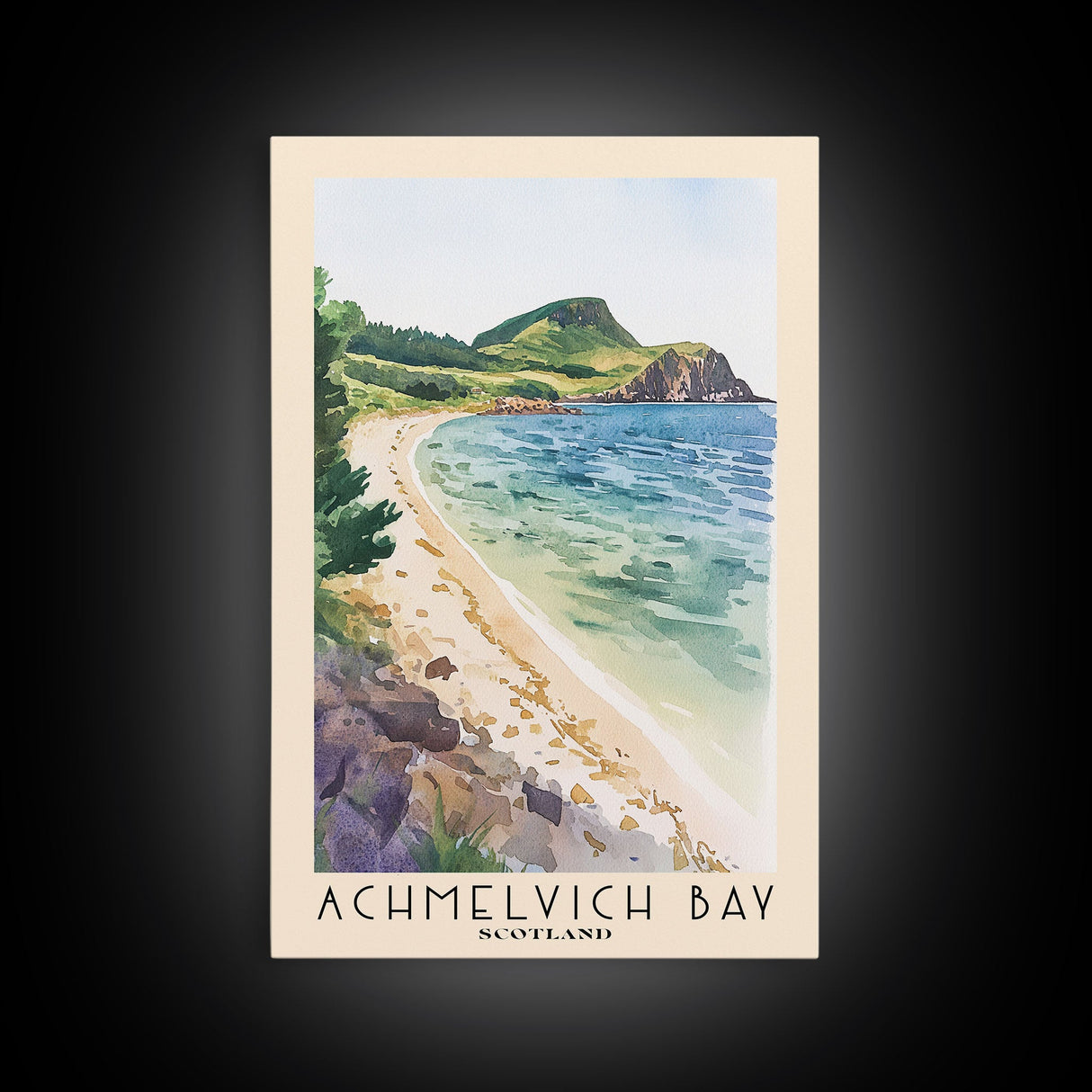 Achmelvich Bay, Scotland Watercolor Print, Vacation Gift, Scotland Wall Art, Beach Painting, Beach Decor, Large Wall Art, Wood Frame Art