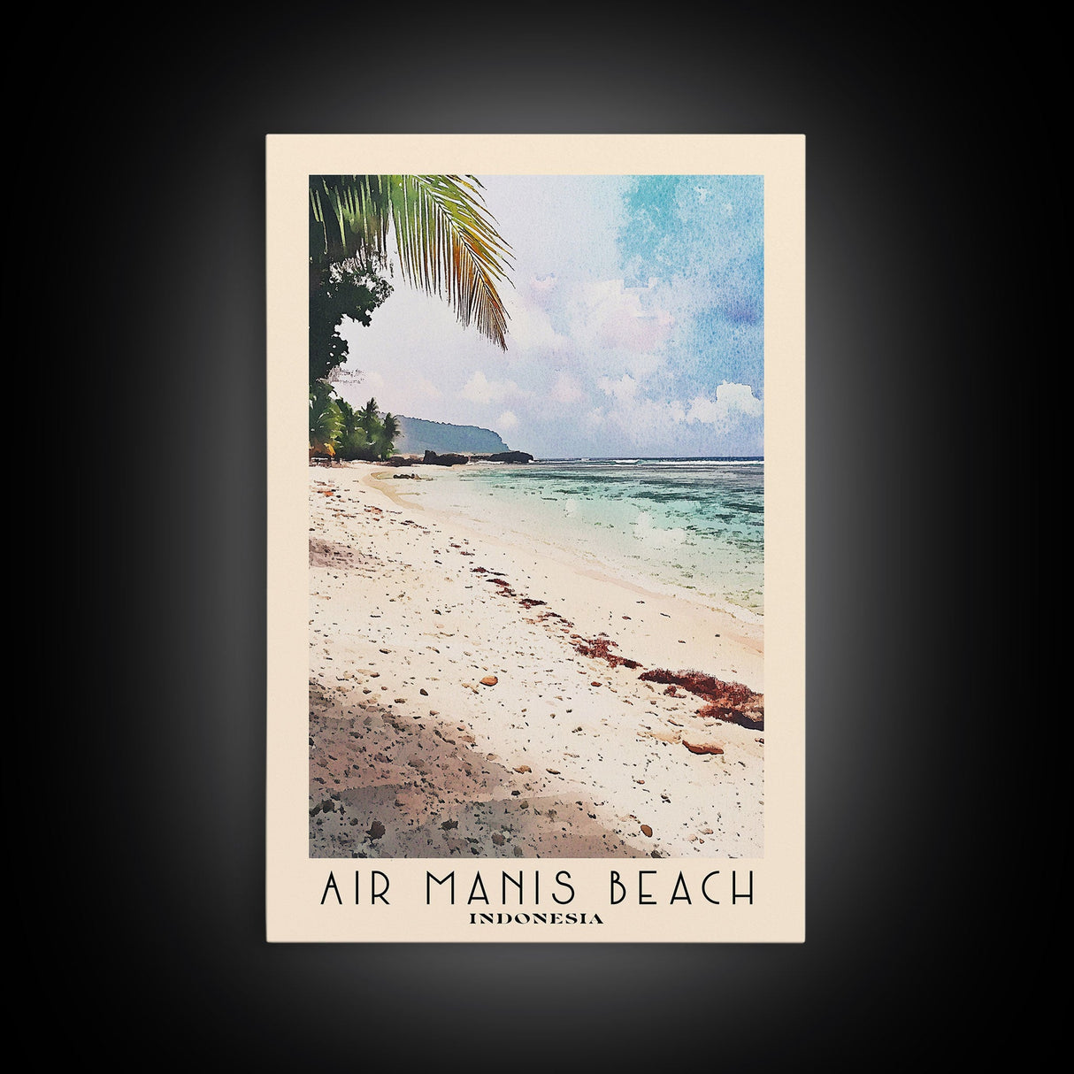 Air Manis Beach, Indonesia Watercolor Beach Print, Vacation Gift, Indonesia Wall Art, Framed Canvas Print, Framed Beach Painting