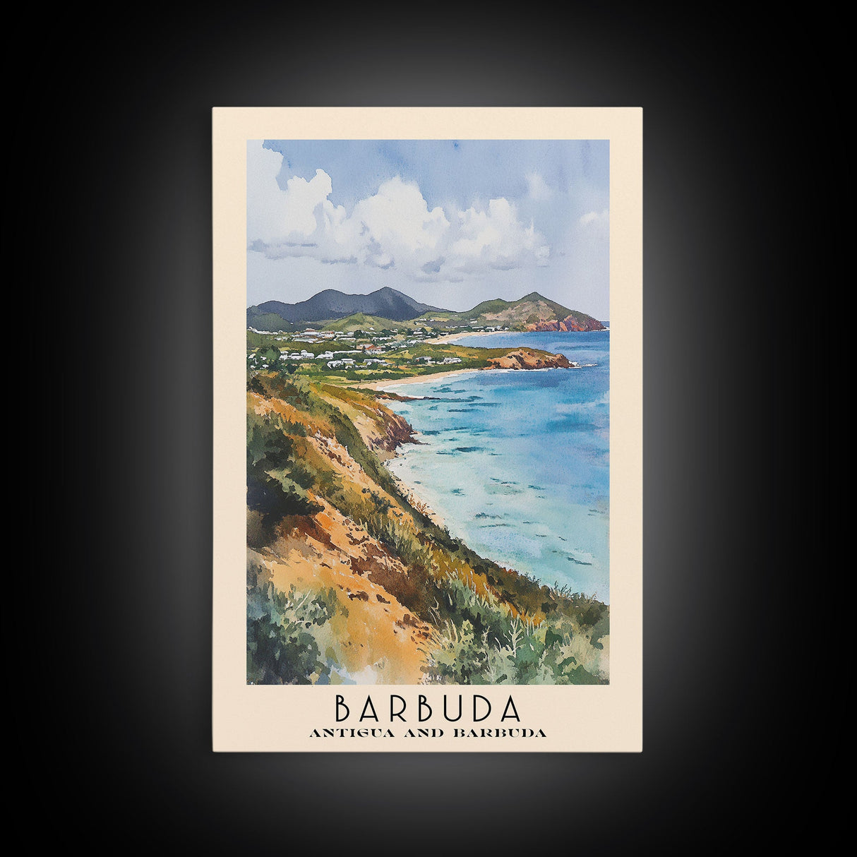 Barbuda, Antigua and Barbuda Watercolor Beach Print, Vacation Gift, Antigua and Barbuda Wall Art, Framed Canvas Print, Framed Beach Painting