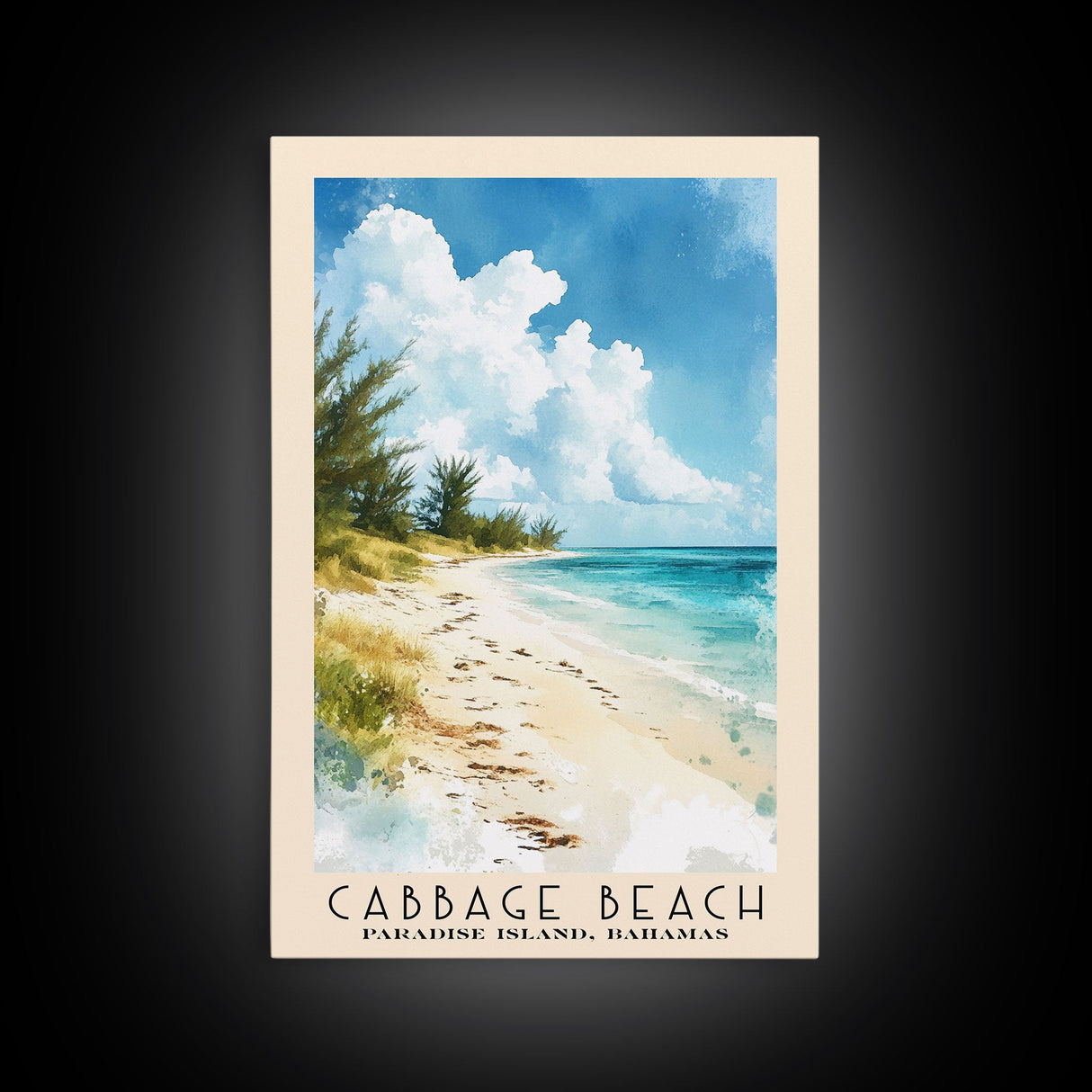 Cabbage Beach, Paradise Island, Bahamas Watercolor Beach Print, Vacation Gift, Paradise Island, Bahamas Wall Art, Framed Canvas Print, Framed Beach Painting