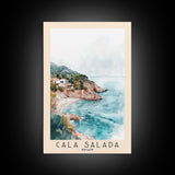 Cala Salada, Spain Watercolor Beach Print, Vacation Gift, Spain Wall Art, Framed Canvas Print, Framed Beach Painting