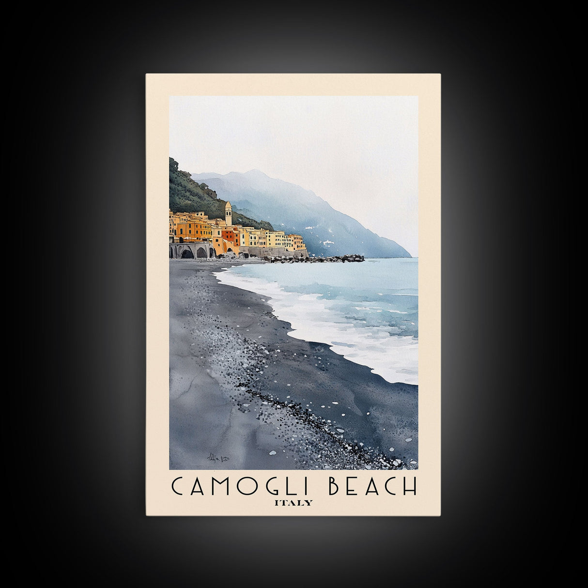 Camogli Beach, Italy Watercolor Beach Print, Vacation Gift, Italy Wall Art, Framed Canvas Print, Framed Beach Painting