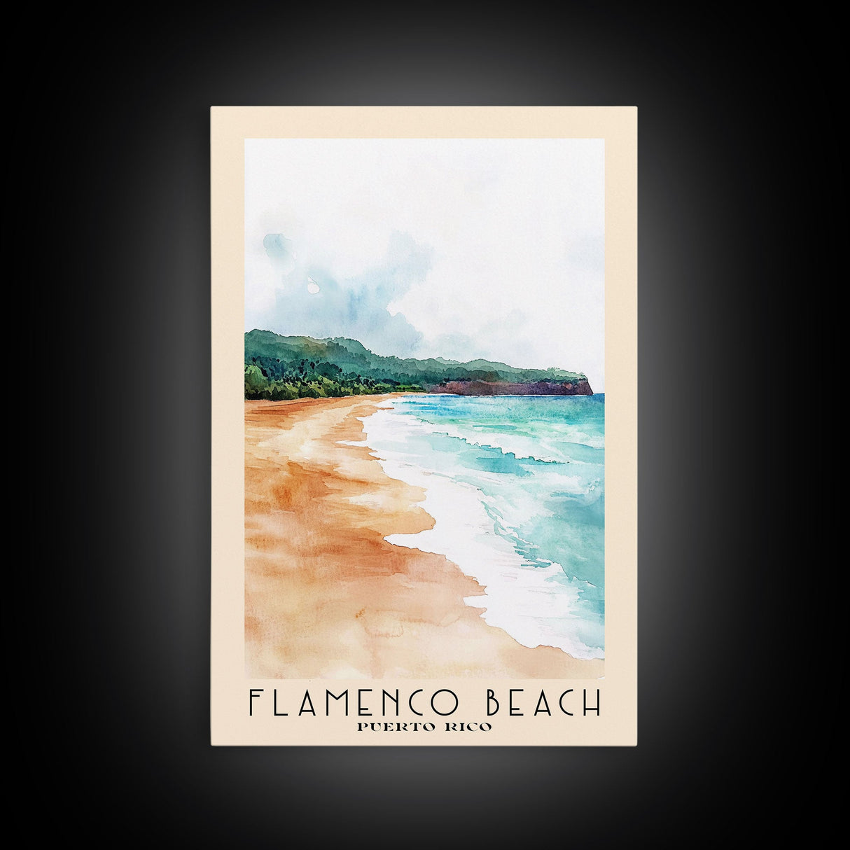 Flamenco Beach, Puerto Rico Watercolor Beach Print, Vacation Gift, Puerto Rico Wall Art, Framed Canvas Print, Framed Beach Painting