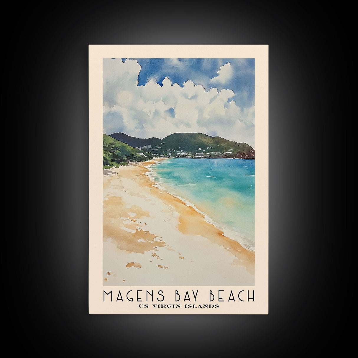 Magens Bay Beach, US Virgin islands Watercolor Beach Print, Vacation Gift, US Virgin islands Wall Art, Framed Canvas Print, Framed Beach Painting