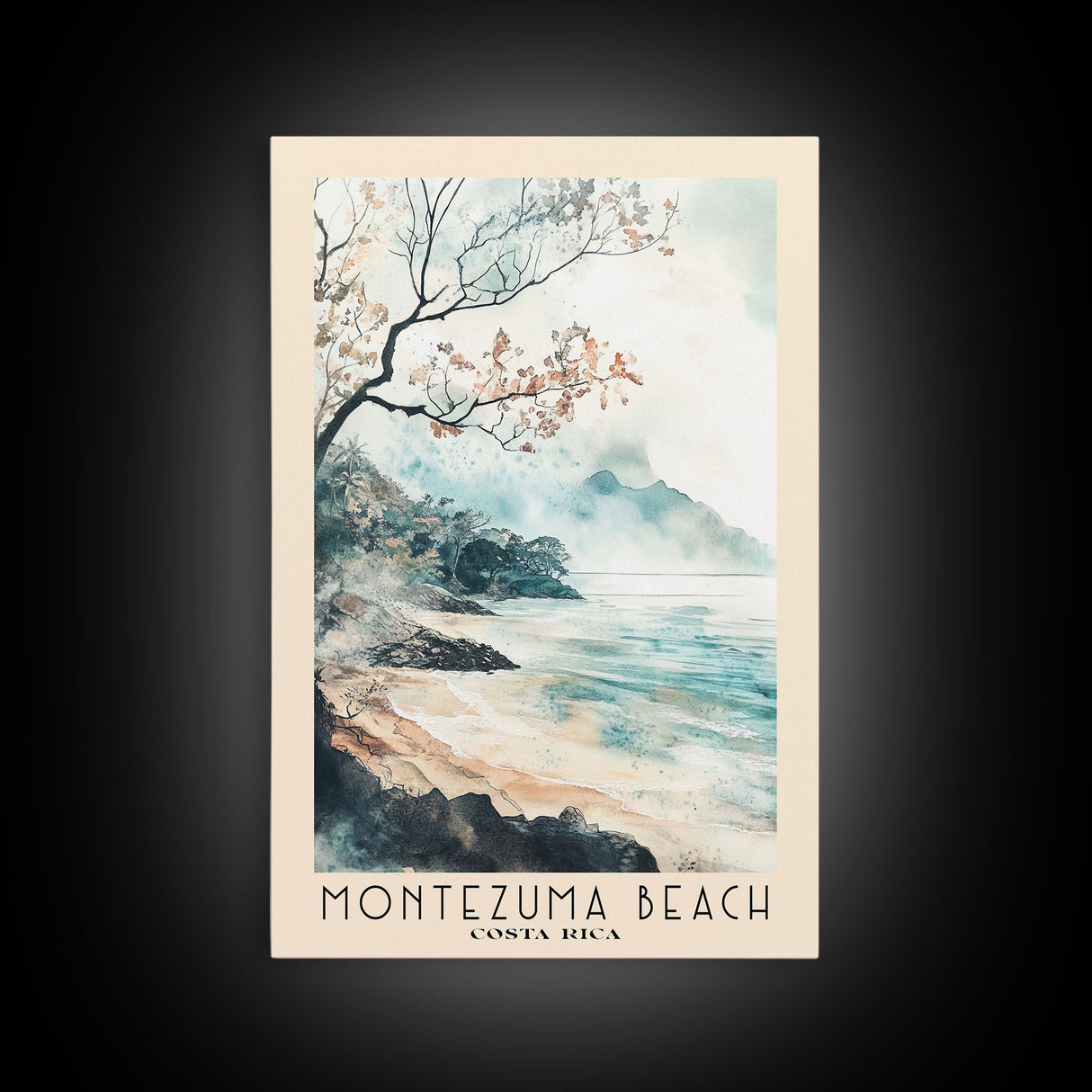 Montezuma Beach, Costa Rica Watercolor Beach Print, Vacation Gift, Costa Rica Wall Art, Framed Canvas Print, Framed Beach Painting